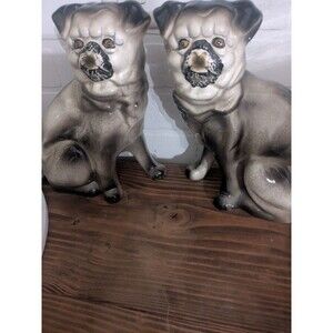 Vintage Staffordshire Style Porcelain Pug Dogs Pair of 2 Statues Figures